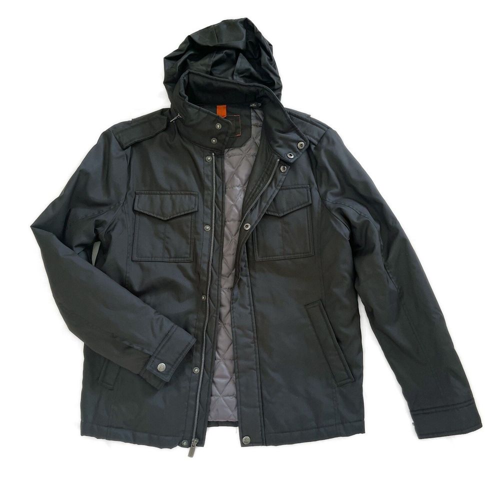 DOCKERS Zip & Snap Up Long Sleeve Black Hooded Jacket w/ Lining Men's Sz Med